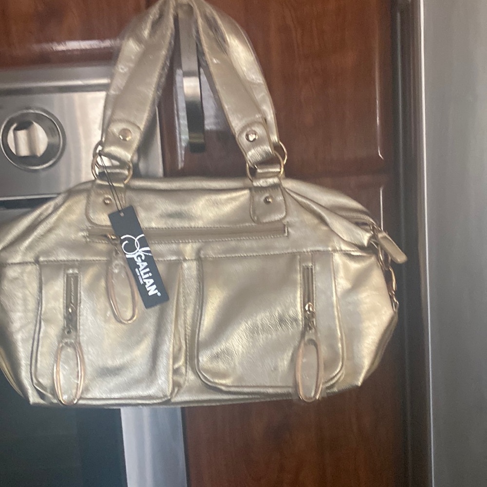 Gold metallic handbag with crossbody strap